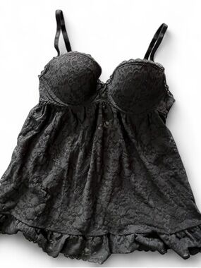 Victoria's Secret Black Lace Babydoll Chemise Lingerie Top with Ruffle Hem 36 B
